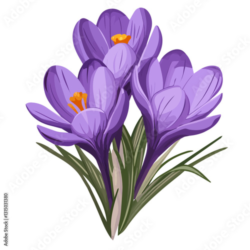 2D flat vector illustration vibrant purple crocus flowers icon isolated on a white background.

