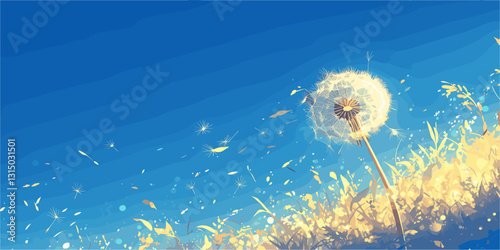 Flat vector icons set: dandelion and nature elements in scenic landscape.