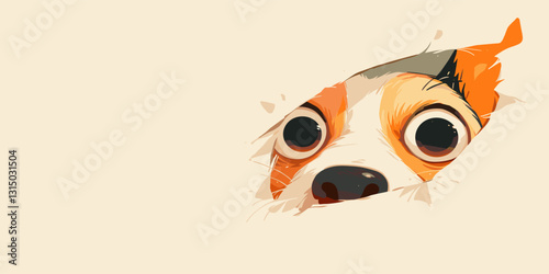 Flat vector icons set: curious dog peeking through torn paper.