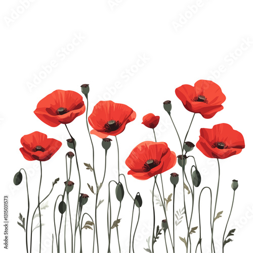 2D flat vector illustration vibrant red poppies in a spring field icon isolated on a white background.

