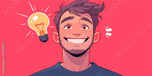 Flat style icons set - smiling man with bright idea lightbulb vector.