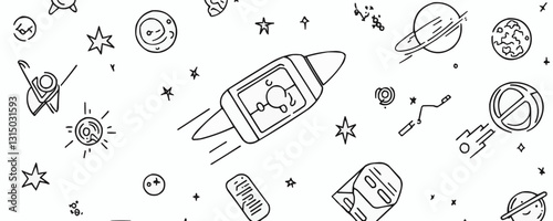 Flat linear space exploration icons set with rockets, planets, and stars.