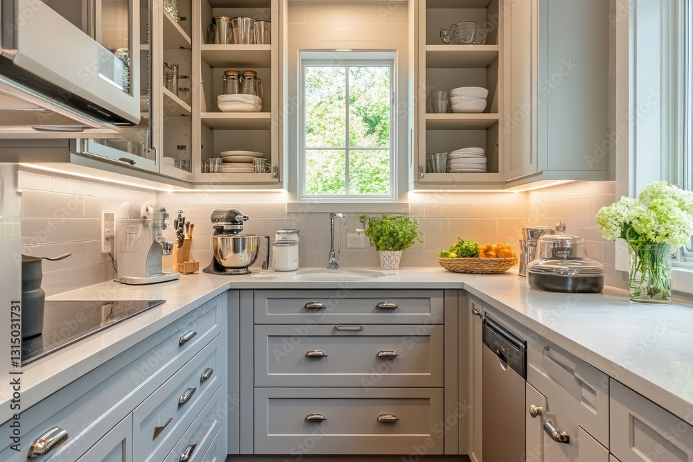 A compact kitchen with space-saving design, including integrated storage solutions and organized counter space A compact kitchen with space-saving design, including integrated storage solutions and organized counter space