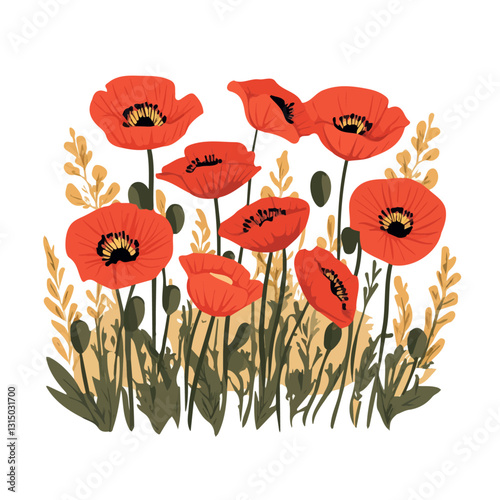 2D flat vector illustration vibrant red poppies in a spring field icon isolated on a white background.

