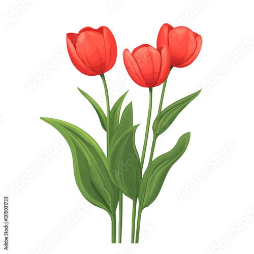 2D flat vector illustration vibrant red tulips in bloom icon isolated on a white background.

