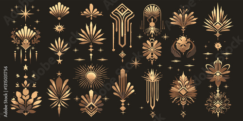 Set of flat ornamental icons in linear style - abstract decorative vector elements.