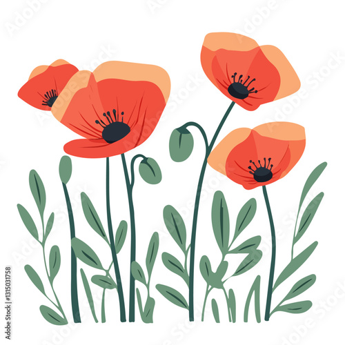 2D flat vector illustration vibrant red poppies in a spring field icon isolated on a white background.

