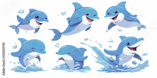 Flat icons set of cheerful dolphins in water - vector art style.