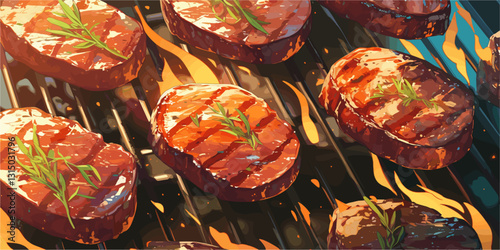 Grilled steak vector icons set in flat style with flames and rosemary garnish.