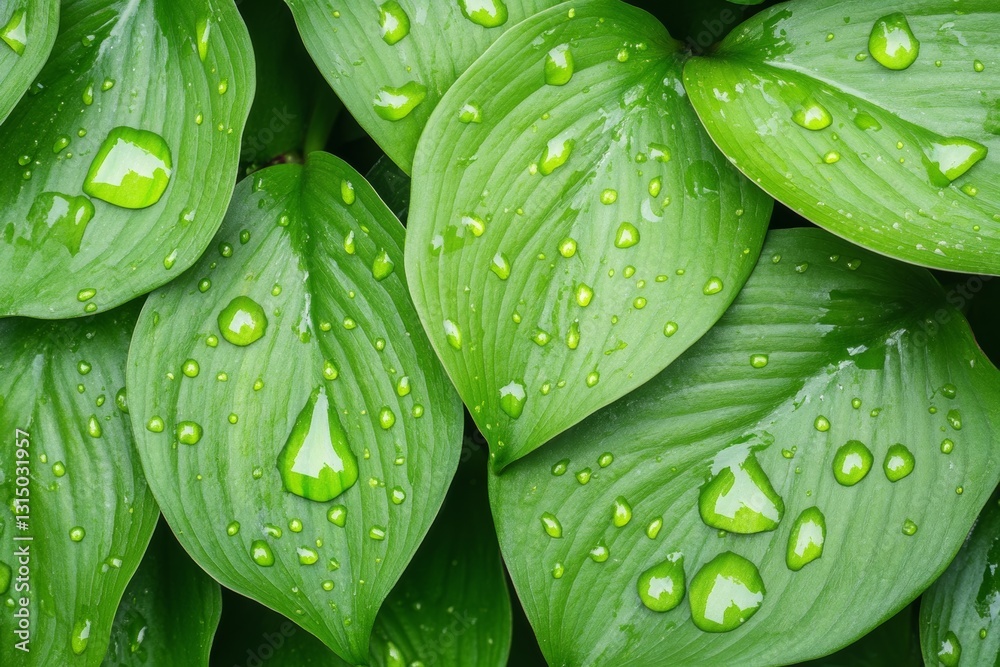 Obraz premium Abundant Dewdrops on Lush Green Leaves and Delicate Petals – Glistening Morning Nature Photography with Vibrant Botanical Beauty