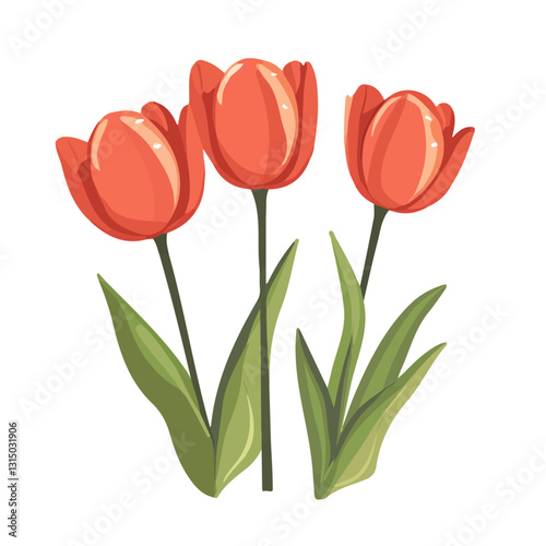 2D flat vector illustration vibrant red tulips in bloom icon isolated on a white background.

