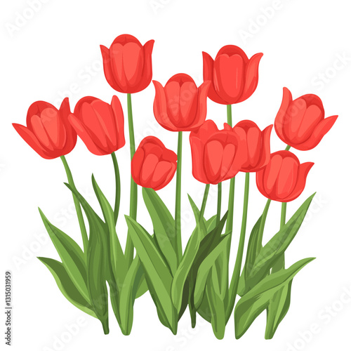 2D flat vector illustration vibrant red tulips in full bloom icon isolated on a white background.

