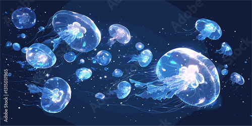 Flat icons set of jellyfish in marine theme with oceanic and underwater life elements - vector.