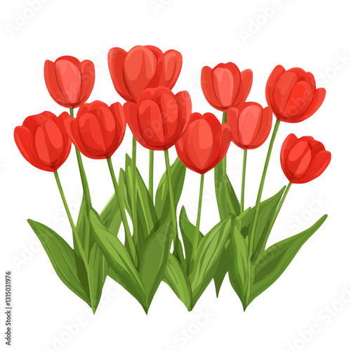 2D flat vector illustration vibrant red tulips in full bloom icon isolated on a white background.

