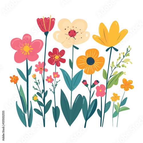2D flat vector illustration vibrant spring flowers in bloom icon isolated on a white background.

