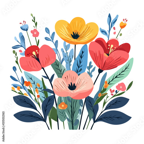 2D flat vector illustration vibrant spring flowers in bloom icon isolated on a white background.

