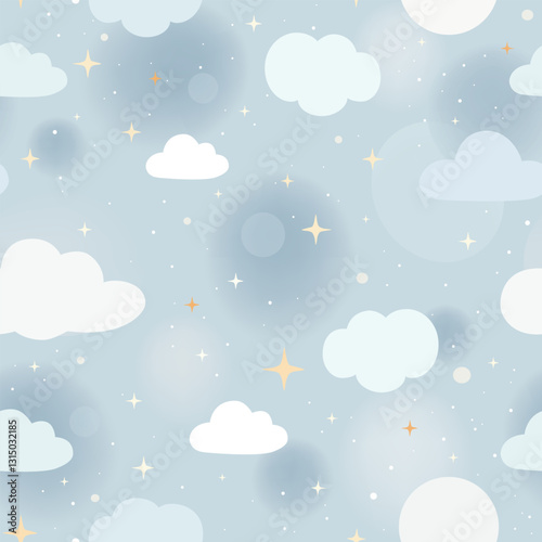 Dreamy Clouds and Stars Pattern. Nursery baby pastel blue color background. For fabric, wrapping paper, kids apparel, wallpaper baby playroom or nursery.