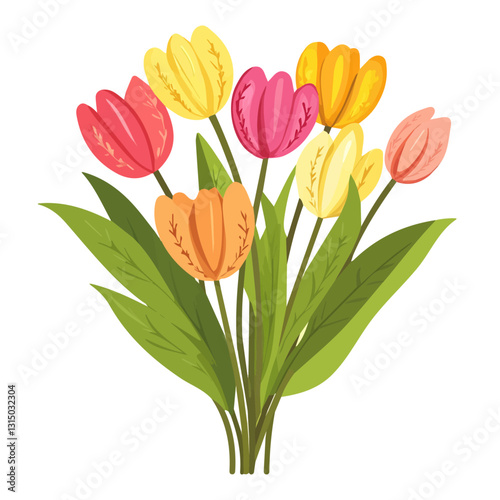 2D flat vector illustration vibrant tulip bouquet icon isolated on a white background.

