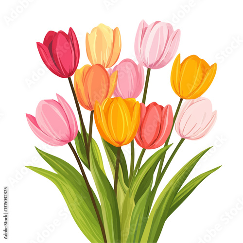 2D flat vector illustration vibrant tulip bouquet icon isolated on a white background.

