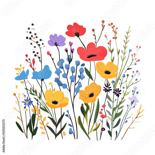2D flat vector illustration vibrant wildflowers in bloom icon isolated on a white background.

