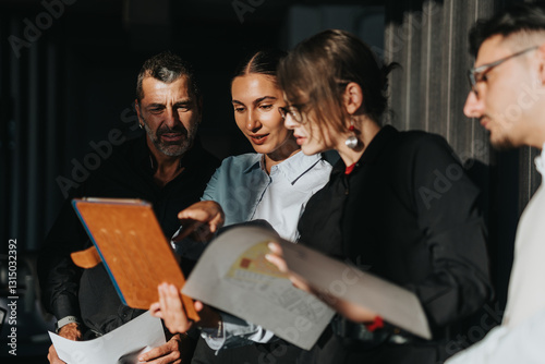 Obraz na plátně Diverse group of business people collaborates over documents in a brightly lit office