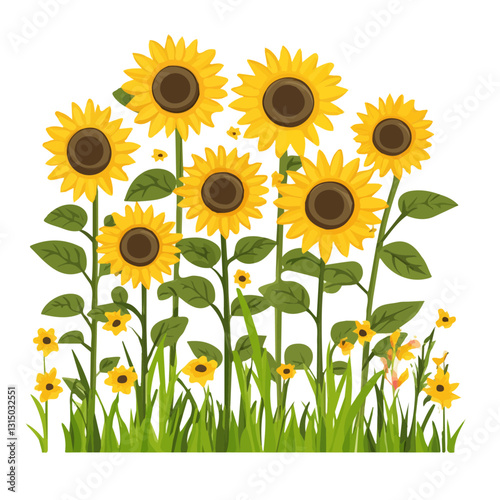 2D flat vector illustration vibrant yellow sunflowers in the garden icon isolated on a white background.

