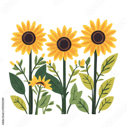 2D flat vector illustration vibrant yellow sunflowers in the garden icon isolated on a white background.

