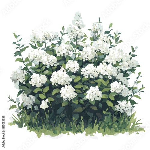 2D flat vector illustration white flowering shrubs in a garden icon isolated on a white background.

