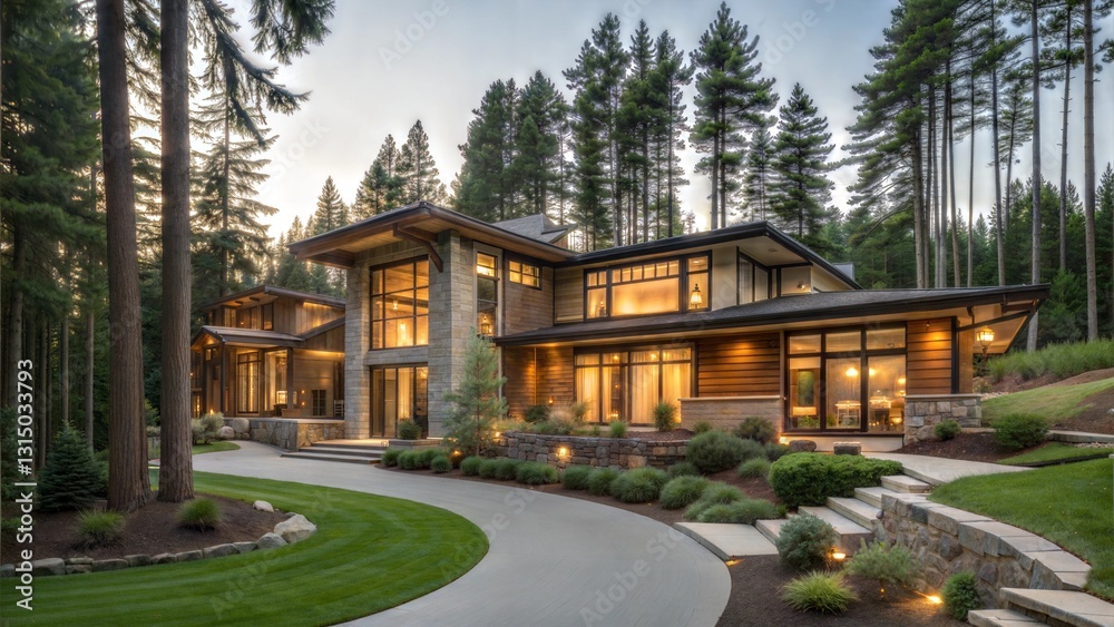 Fototapeta premium Fantastic and Luxurious Modern Home Nestled in a Wooded Setting at Dusk