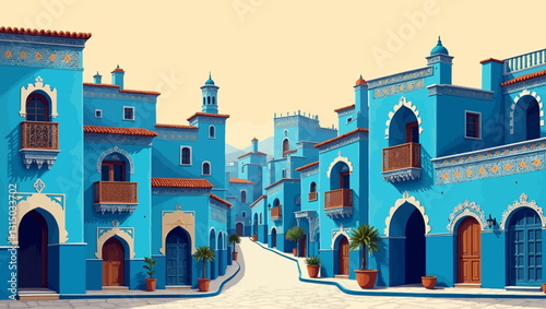 Azure Cityscape: A picturesque street winds through a charming town of azure buildings, showcasing the unique architectural style, creating an inviting and atmospheric experience.