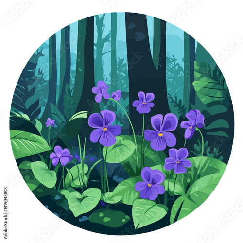2D flat vector illustration wild violets growing in the forest icon isolated on a white background.


