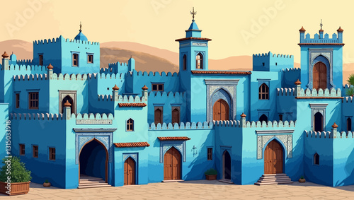 Blue City Oasis: A vibrant and surreal cityscape unfolds before you, a cluster of azure-hued buildings adorned with intricate details standing proud against a backdrop of golden sand dunes.