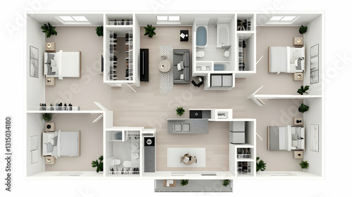 Three Bedroom Apartment Floor Plan 3D Rendering