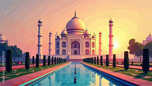 Taj Mahal at Dawn: A stunning depiction of the Taj Mahal, bathed in the soft light of dawn, with its intricate architecture reflected in a serene pool.