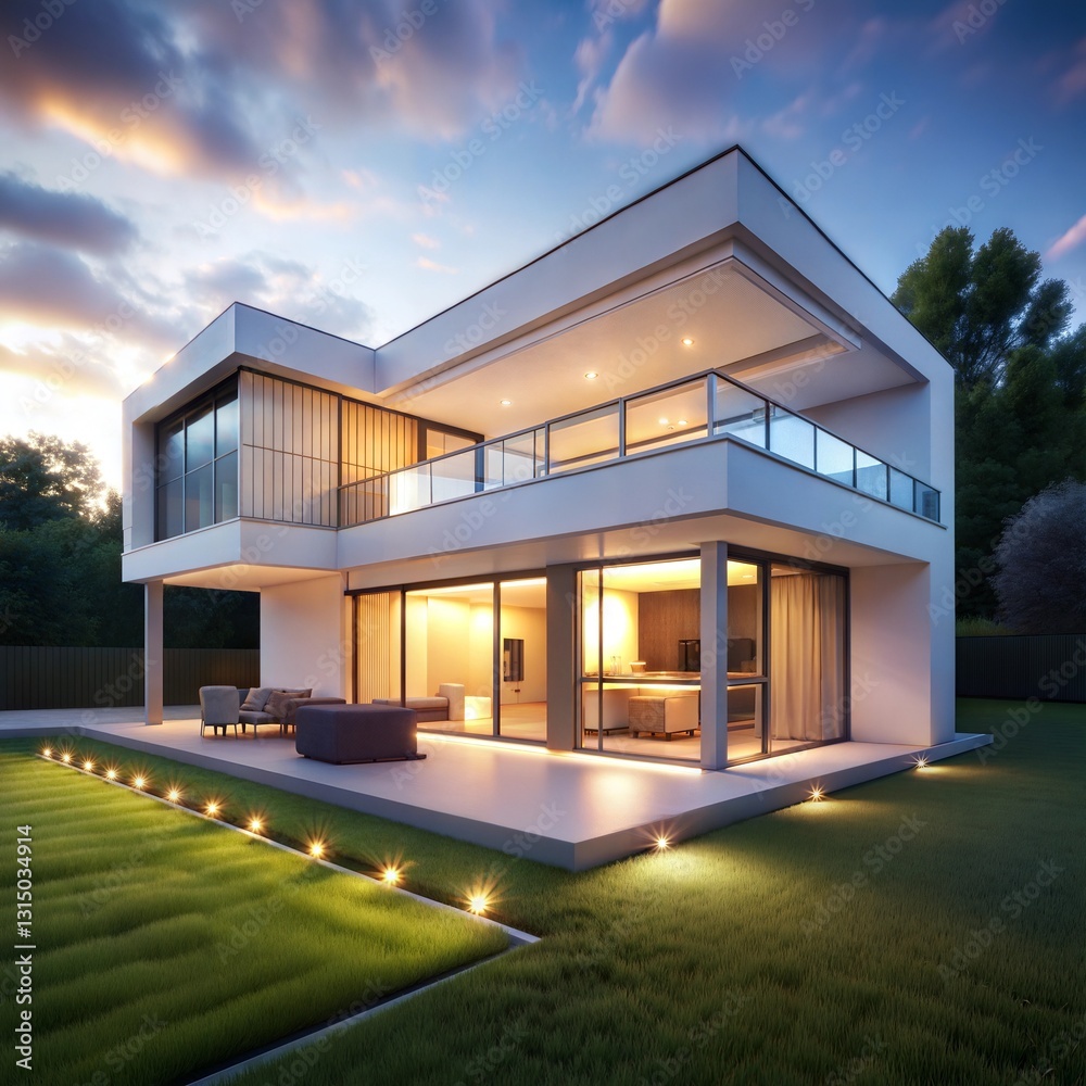 Fototapeta premium Fantastic and Fantastic and Modern House Exterior at Twilight with Outdoor Patio