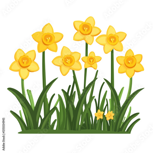 2D flat vector illustration yellow daffodils in a spring field icon isolated on a white background.

