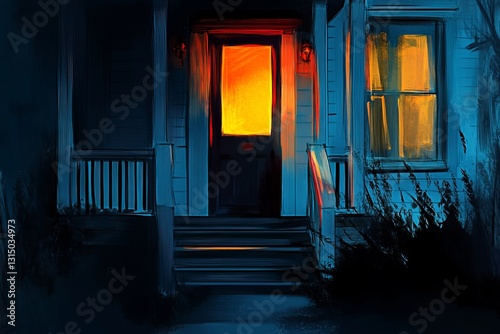 A painting of a house with a door that is open and a window that is lit up. The mood of the painting is dark and mysterious