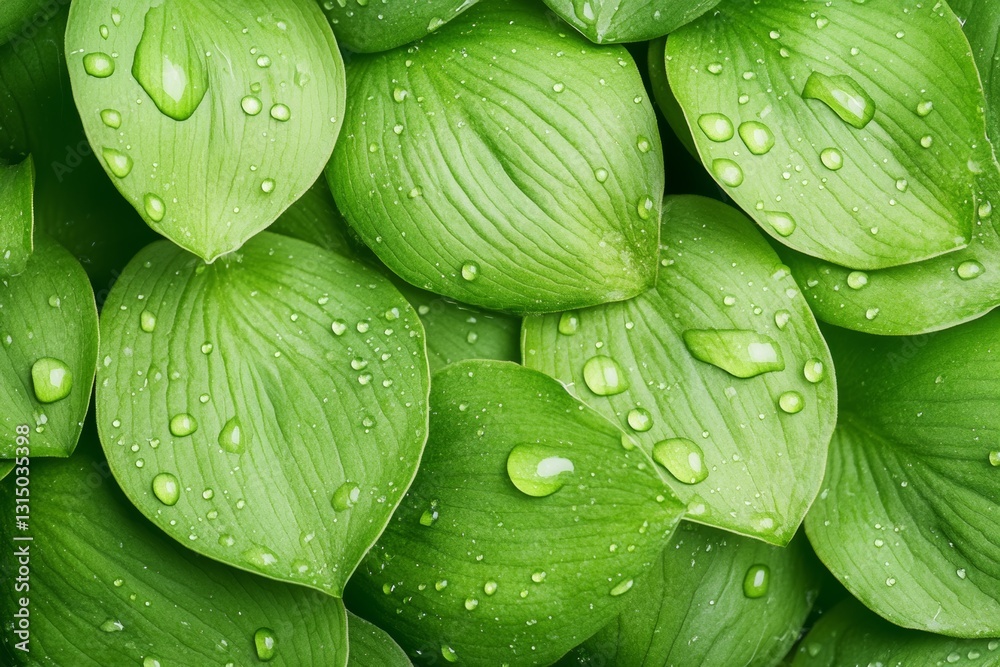 Obraz premium Abundant Dewdrops on Lush Green Leaves and Delicate Petals – Glistening Morning Nature Photography with Vibrant Botanical Beauty