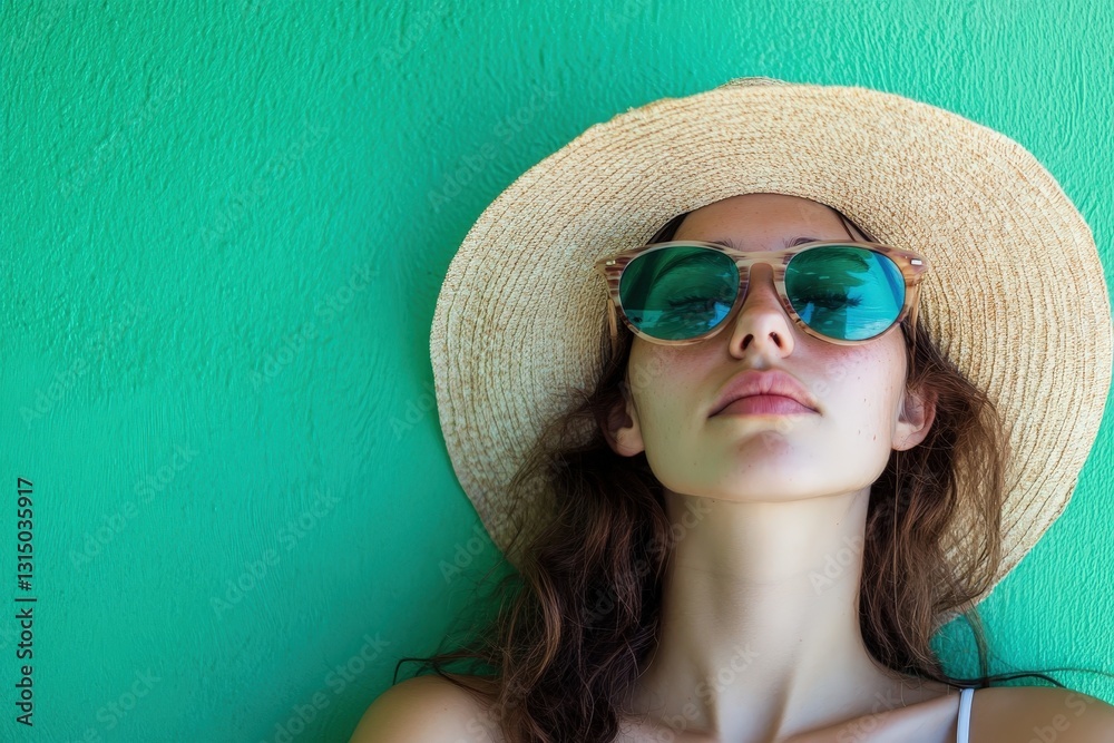 Fototapeta premium A woman wearing sunglasses and a hat against a green wall
