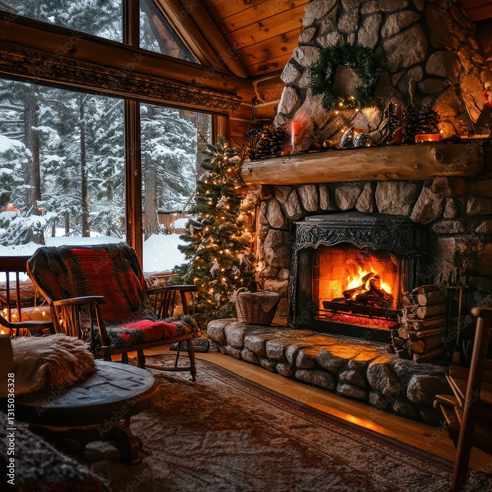 A cozy winter scene of a rustic cabin with a fireplace A cozy winter scene of a rustic cabin with a fireplace