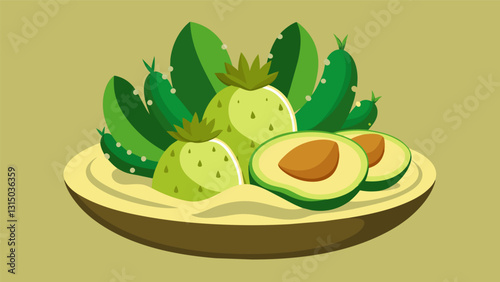 Thin slices of avocado are delicately arranged on top of the cactus adding a creamy texture to the dish.. Vector illustration