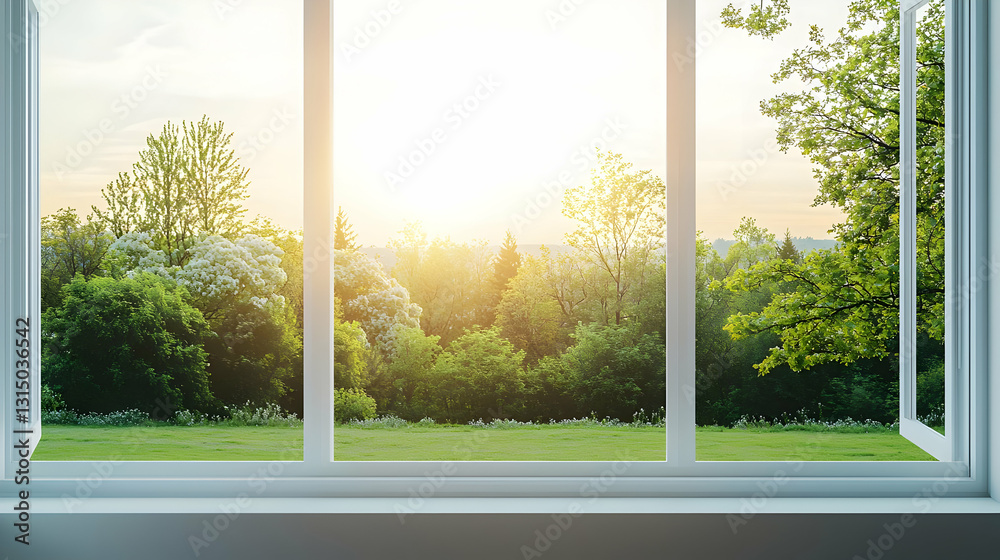 Naklejka premium Open White Window Frame With Scenic Summer Morning View Overlooking Lush Green Trees And Grass At Golden Hour