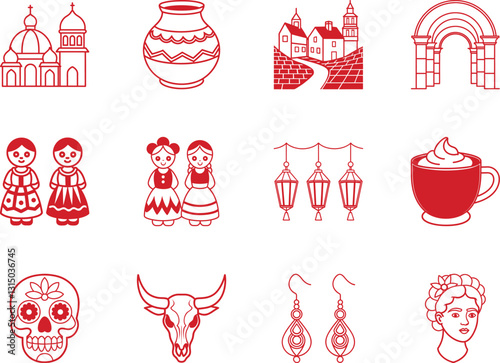 A Collection of Twelve Red Outline cinco de mayo day graphic element icons set Icons Representing Mexican Culture and Traditions