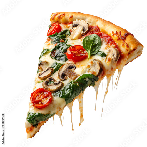 A Fresh Slice of Vegetarian Pizza with Mushrooms, Tomatoes, and Spinach Isolated on Transparent Background