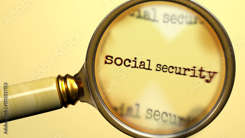 Social Security under magnifying glass. Thorough analysis and inspection of social security. Taking a closer look at social security. Examination of the concept of social security ,3d illustration
