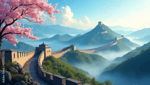 The Great Wall of China in the Mist: An evocative illustration of the iconic Great Wall of China, winding through misty mountains and framed by a delicate cherry blossom branch in full bloom.