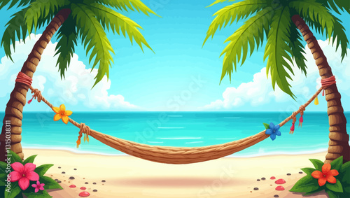 Tropical Paradise Scene: A serene beachfront scene unfolds, complete with gently swaying palm trees, a hammock strung invitingly between them.