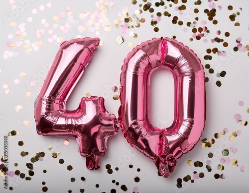 Pink balloon number 40 for fortieth birthday or anniversary party. White background with confetti