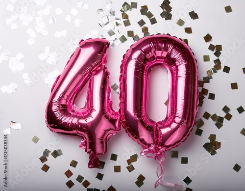 Wallpaper Mural Pink balloon number 40 for fortieth birthday or anniversary party. White background with confetti Torontodigital.ca