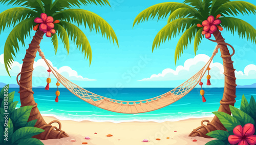 Paradise Rest: An idyllic beach scene, where swaying palm trees frame a serene hammock, the crystal-clear turquoise sea invites, evoking a sense of ultimate relaxation.